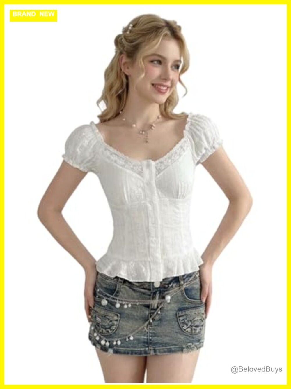 Y2k Lace Trim Floral Embroidered Peplum Button Down Blouse